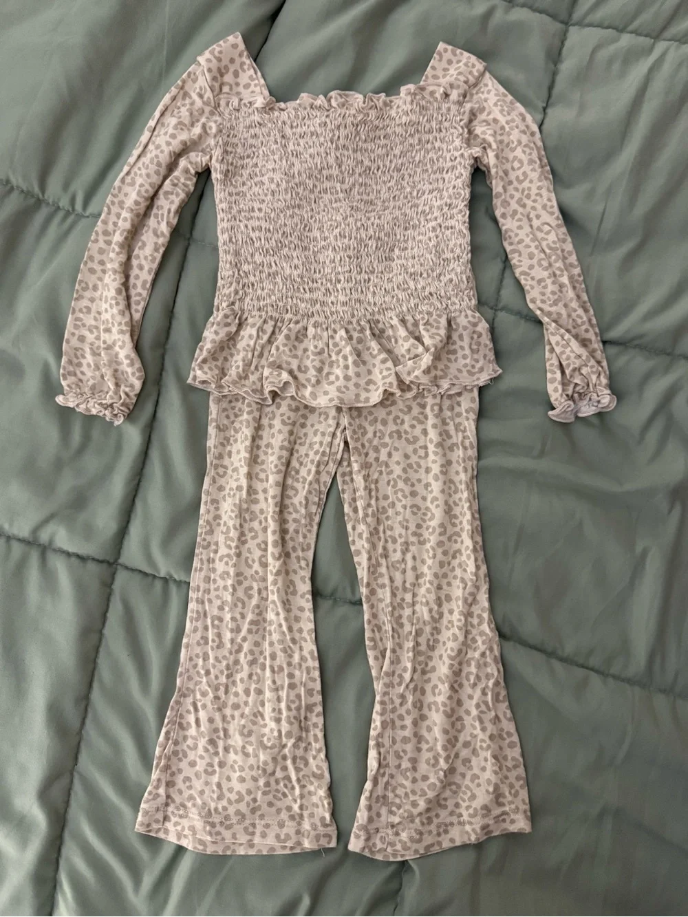 Girls Beige Leopard-Print Smocked Top & Pants Matching Set
